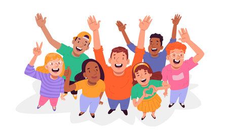 Happy people rejoice and show positive gestures on a white background. Concept of happiness and youth. Vector illustration in flat styleのイラスト素材