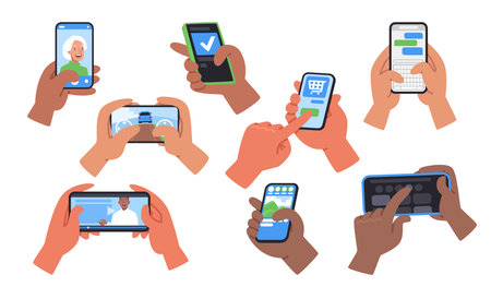 Set of hands holding phone. People using smartphones, watching videos, playing mobile games, chatting and more. Vector illustration in flat styleのイラスト素材