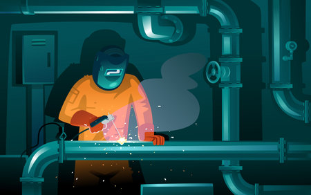 Welder in a protective mask and dressed in special clothing performs welding work against the background of a technological room. Vector illustration in cartoon styleのイラスト素材