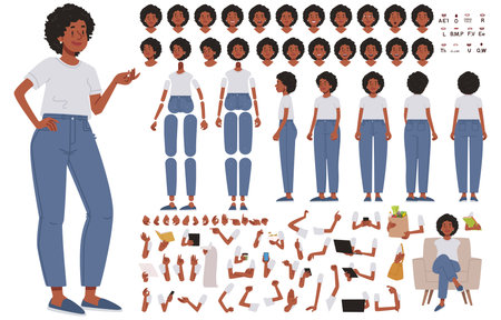 Cute dark skinned girl character constructor. Young woman, student or volunteer. Set of hands legs body and head positions for creating animation and own illustrations. DIY kit. Vector illustration in flat styleのイラスト素材