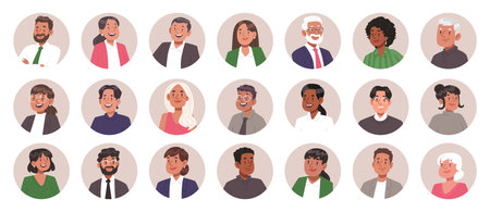 Set of multicultural business avatars of men and women in a circle. Vector illustration in a flat styleのイラスト素材