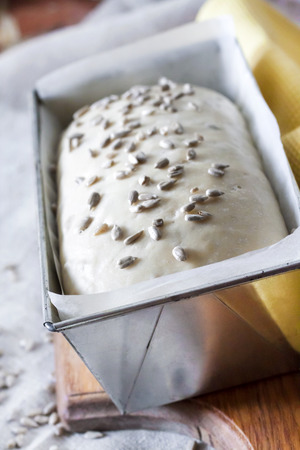 Raw yeast dough in square tin form, ready for baking bread with sunflower seedsの写真素材