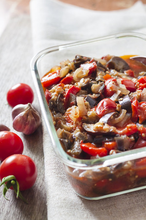 Vegetable sautÃ© with eggplant, red pepper and tomatoesの写真素材
