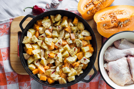 Cooking one-pot meal - chicken thighs and legs with potatoes and pumpkin baked in cast-iron panの写真素材