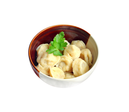 Meat dumplings in a bowl isolated on white background with clipping pathの写真素材