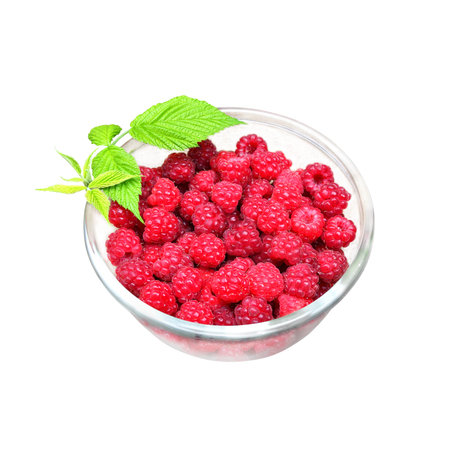 Bowl of fresh raspberry isolated on white background with clipping path