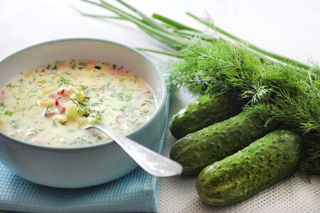 Okroshka - traditional Russian cold soup with fresh cucumber, boiled eggs and dillの写真素材