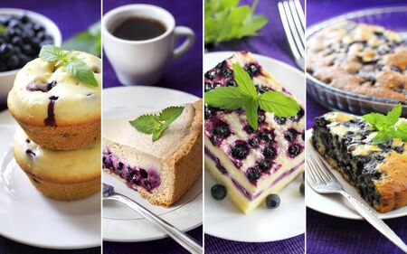 Collage of sweet pastry with blueberriesの写真素材