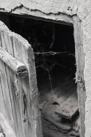 Slightly opened old weathered wooden door and spider web on a darkness background. Scaring backgroundの写真素材