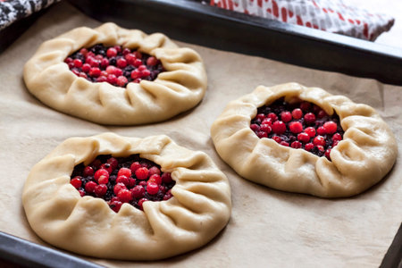Cooking sweet galette with elderberries and cowberries 