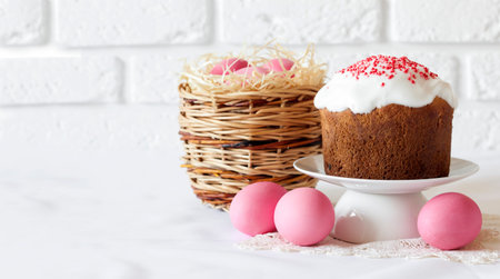Minimalistic Easter composition with wicker basket with pink colored eggs and Easter cake on white...