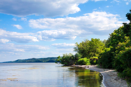 Beautiful panoramic landscape of Kaniv Reservoir, Ukraine, before sunset