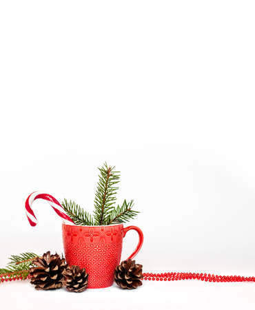 Christmas composition with red mug, pine cones and fir-needles. Isolated on white background. Copy spaceの写真素材