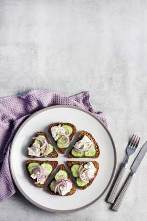 Canapes with toasted bread with sunflower and flax seeds, feta cheese, cucumber and onion. Flat lay, top view, copy spaceの写真素材
