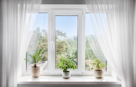Window with white tulle and potted plants on windowsill. View of nature from the window