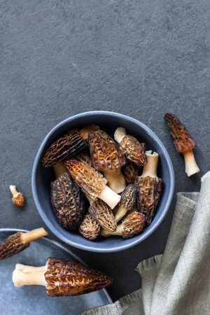 Morel mushrooms in a blue bowl  Flat lay, copy space