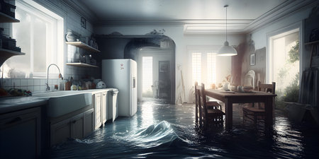 Climate change concept. Flood illustration. Flooded house inside. Generative AI contentの素材