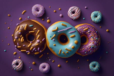 Confectionery. Illustration of cute donuts on purple background. Top view. Generative AI contentの素材