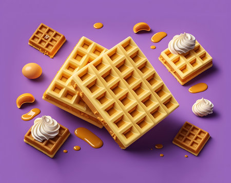 Confectionery. Illustration of waffles on purple background. Generative AI contentの素材