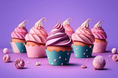 Confectionery. Illustration of cute capcakes on purple background. Generative AI contentの素材
