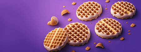 Confectionery. Illustration of round waffles on purple background with copy space. Generative AI contentの素材