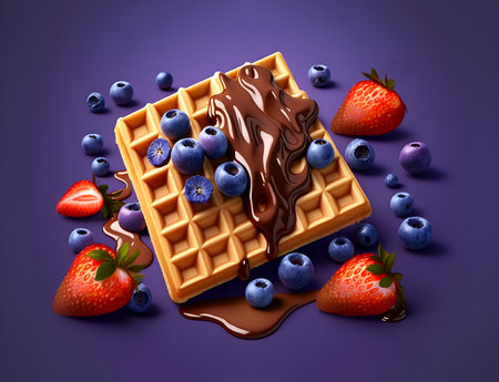 Confectionery. Illustration of waffles with chocolate and berries on purple background. Generative AI contentの素材