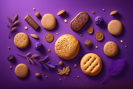 Confectionery. Illustration of assorted cookies on purple background. Generative AI contentの素材