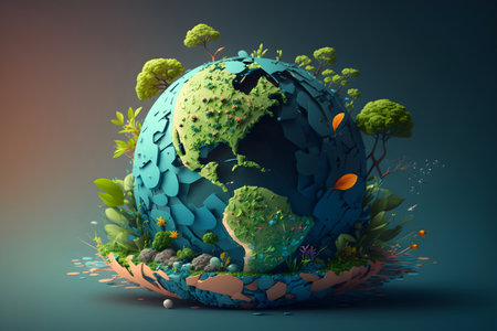 Global ecology protection concept. Creative illustration of green Earth planet. Generative AI contentの素材
