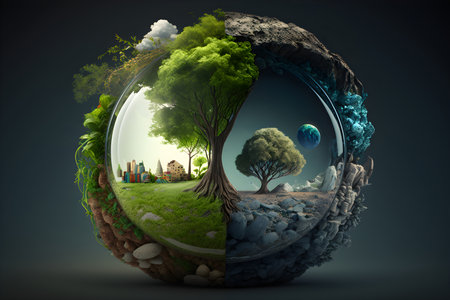 Global ecology protection concept. Illustration of green town and desert with single tree inside a glass sphere. Generative AI contentの素材