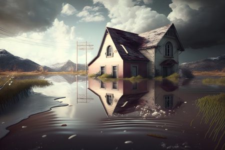 Climate change concept. Flood illustration. Flooded house in countryside. Generative AI contentの素材