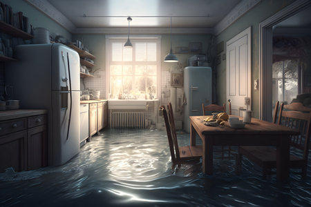 Climate change concept. Flood illustration. Flooded house inside. Generative AI contentの素材