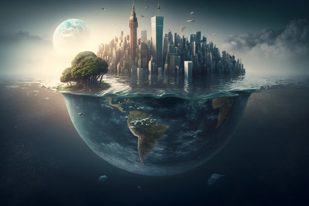 Climate change concept. Flood illustration. Flooded city on the planet. Generative AI contentの素材