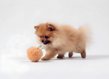 Cute red fluffy puppy playing with pet toy. Isolated on pale background with copy space. Generative AI contentの素材