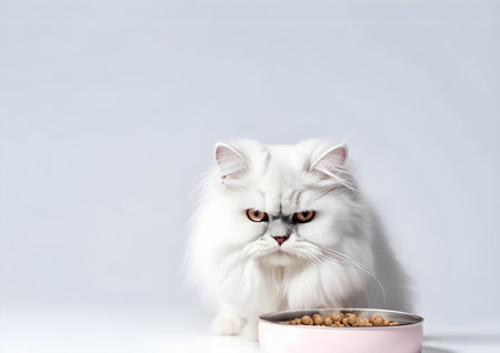 White fluffy cat sitting near the bowl of pet food. Isolated on white background with copy space. Generative AI contentの素材