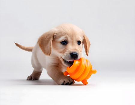 Cute golden retriever puppy playing with pet toy. Isolated on pale background with copy space. Generative AI contentの素材