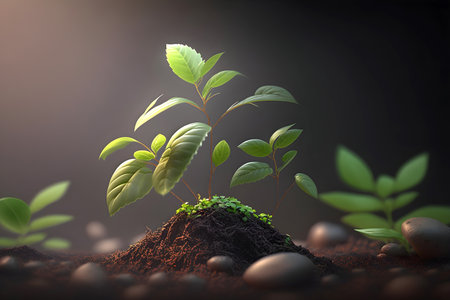 Ecology protection concept. Illustration of young green sprouts sprouting from the ground. Generative AI contentの素材