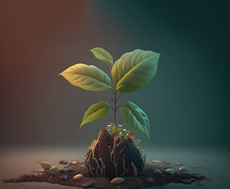 Ecology protection concept. Illustration of young green sprouts sprouting from the ground. Copy space. Generative AI contentの素材