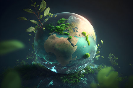 Global ecology protection concept. Illustration of green Earth planet. Generative AI contentの素材