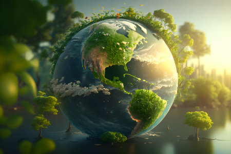 Global ecology protection concept. Illustration of blue bird and cottage house inside glass sphere. Generative AI contentの素材