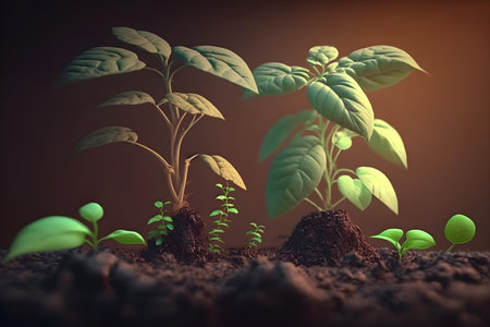 Ecology protection concept. Illustration of young green sprouts sprouting from the ground. Generative AI contentの素材