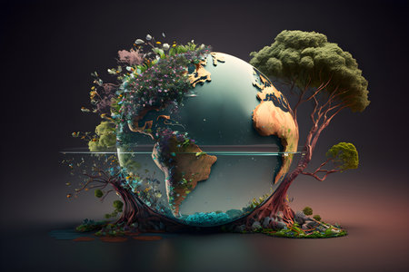 Global ecology protection concept. Illustration of green flowering Earth planet. Generative AI contentの素材