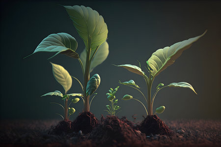 Ecology protection concept. Illustration of young green sprouts sprouting from the ground. Generative AI contentの素材