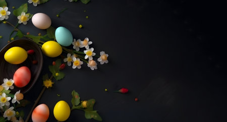 Easter decoration. Easter composition with colored eggs and flowers on black background with copy space. Generative AI contentの素材