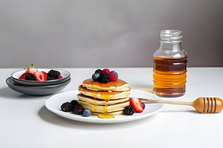 Traditional breakfast with pancakes, honey and berries. Copy space. Generative AI contentの素材