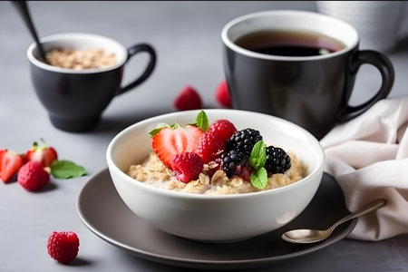 Traditional breakfast - oatmeal porridge with berries in ceramic bowl. Generative AI contentの素材