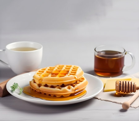 Traditional breakfast with waffles and tea. Generative AI contentの素材