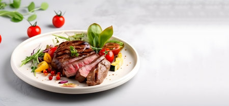 Grilled beef steak with cherry tomatoes on a plate. White background with copy space. Generative AI contentの素材