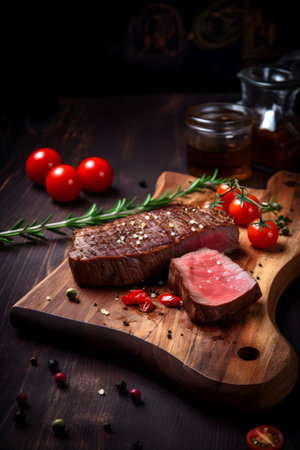 Grilled beef steak with cherry tomatoes on wooden cuttting board. Dark background with copy space. Generative AI contentの素材