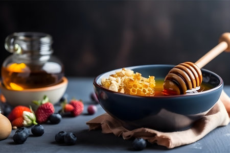 Honey with hoheycomb in ceramic bowl. Generative AI contentの素材