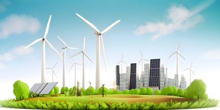 Solar panels and wind turbines - renewable energy concept. Generative AI contentの素材